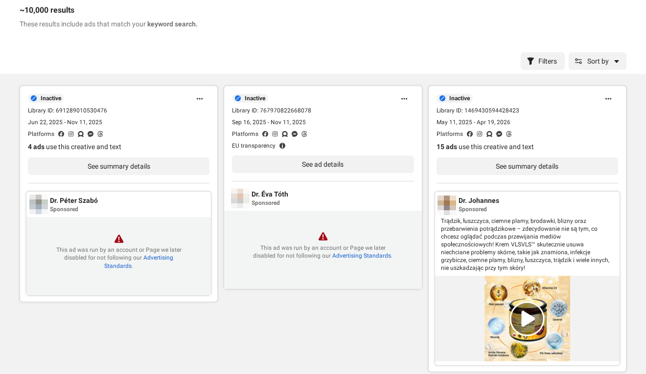 Meta Ad Library results for vlsvls showing ads from pages named after doctors, two of them disabled for not following Meta advertising standards