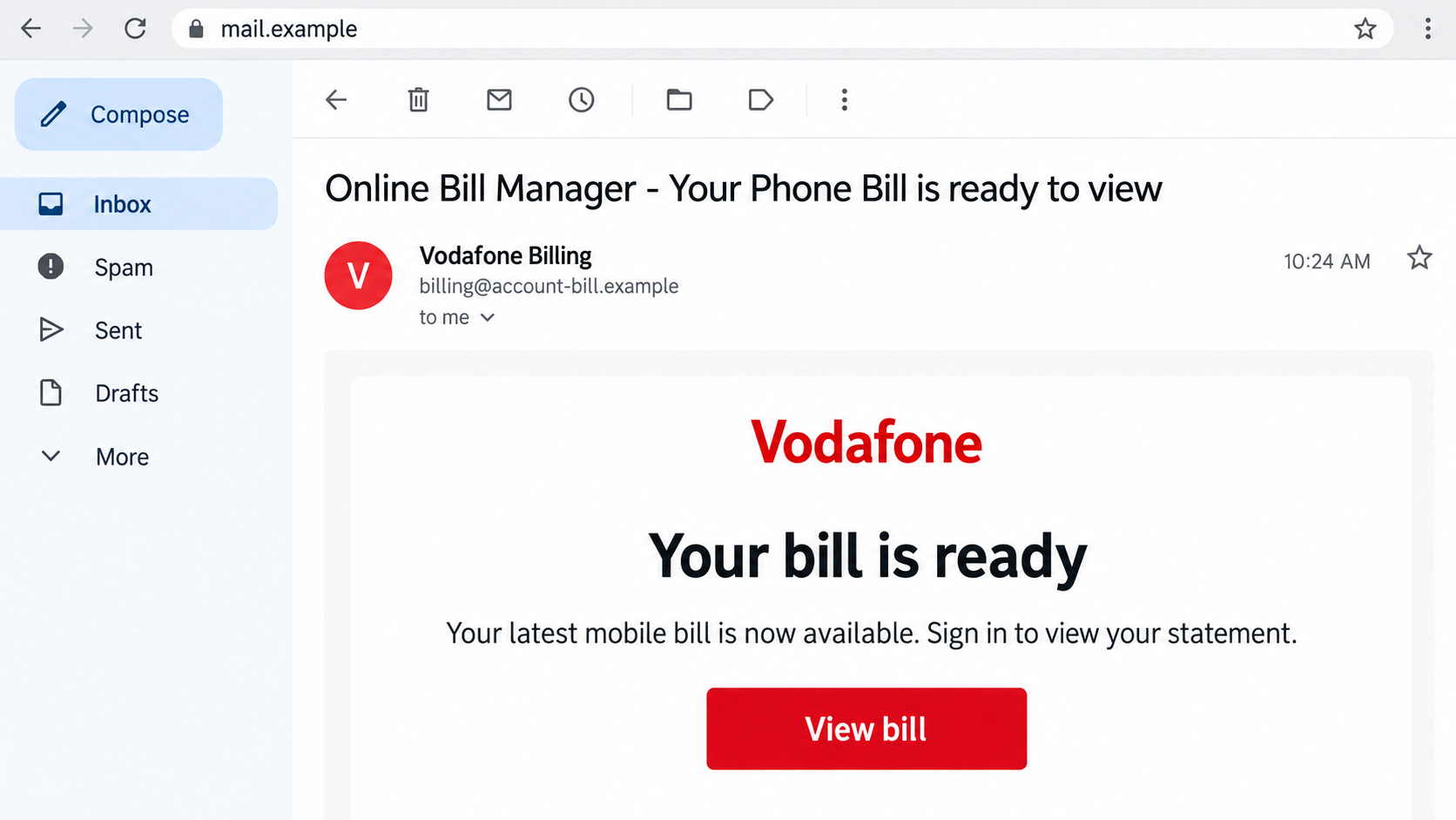 Illustrative Vodafone Online Bill Manager phishing email with a fictional sender and a View bill button