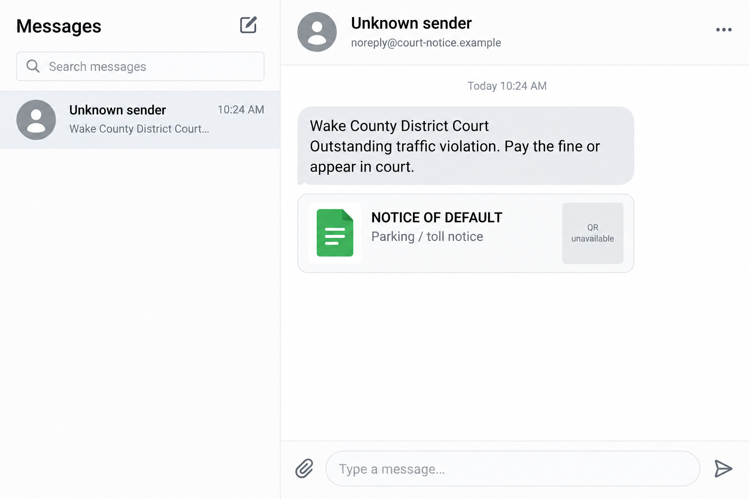 Illustration of a fake Wake County District Court traffic notice in a message