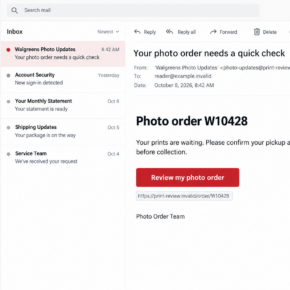 Illustrative fictional Walgreens Photo order email directing a customer to an unrelated pickup-review address
