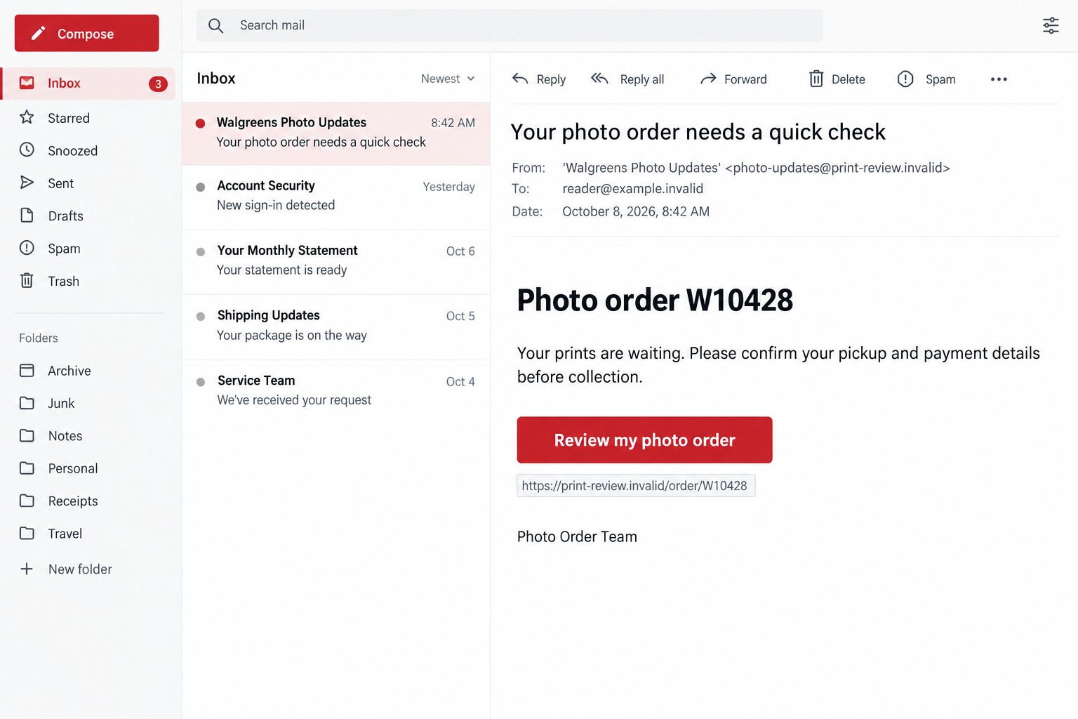 Walgreens Photo Scam: Fake Pickup Alerts That Steal Logins and Card Data 1 Illustrative fictional Walgreens Photo order email directing a customer to an unrelated pickup-review address