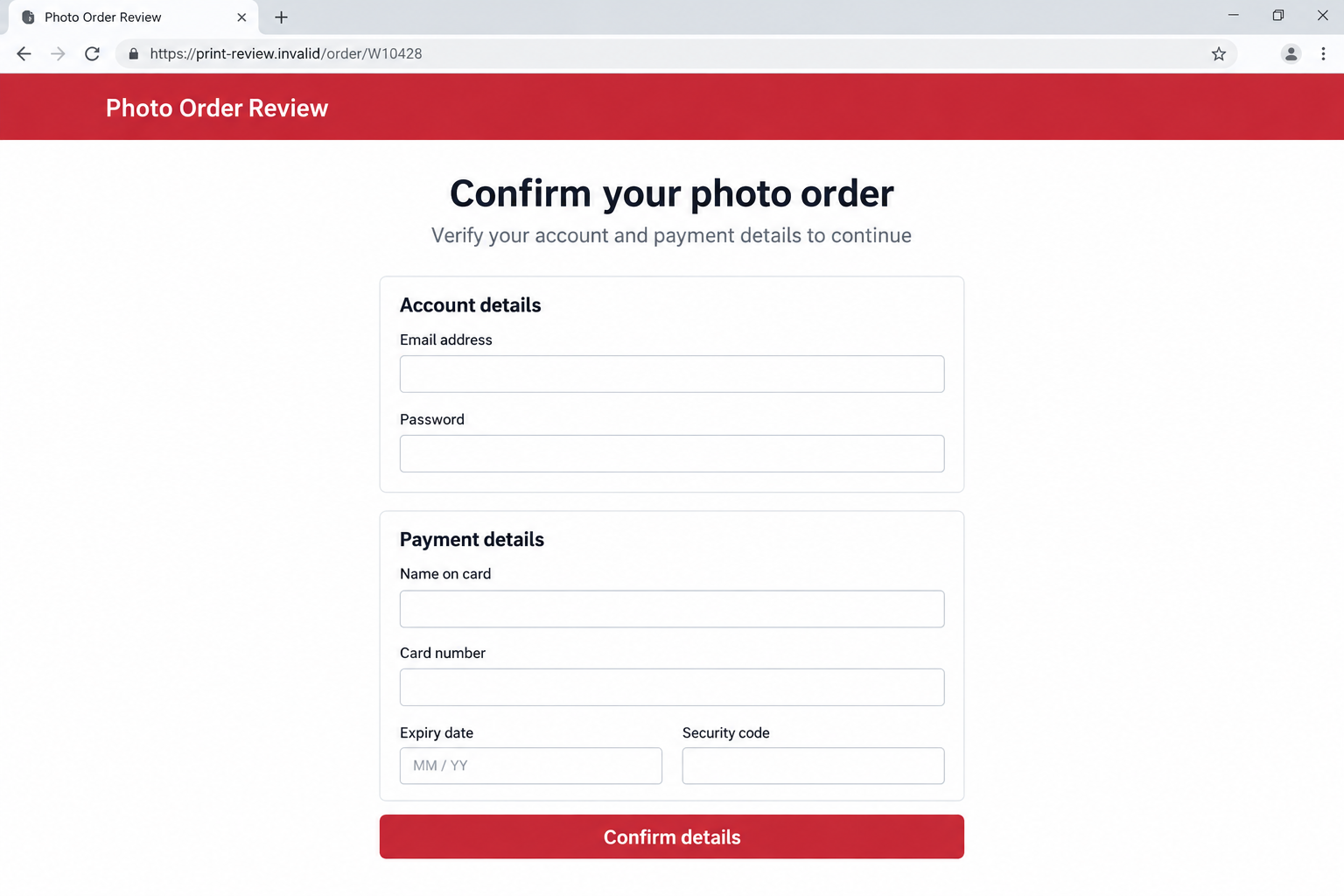 Walgreens Photo Scam: Fake Pickup Alerts That Steal Logins and Card Data 2 Illustrative nonfunctional photo-order review form at a fictional domain asking for account and card information