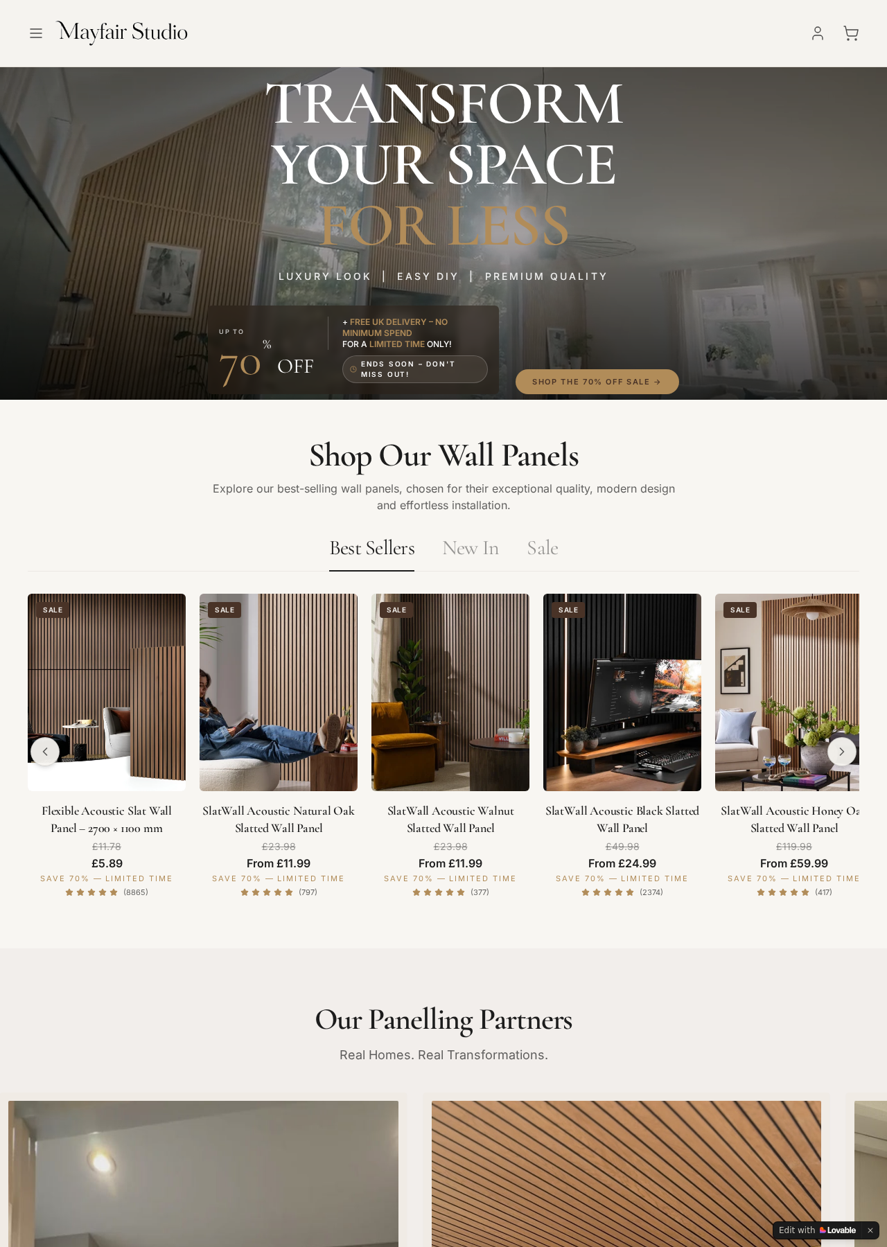 Wallcrafts.shop homepage branded Mayfair Studio with wall-panel listings and 70% discount labels