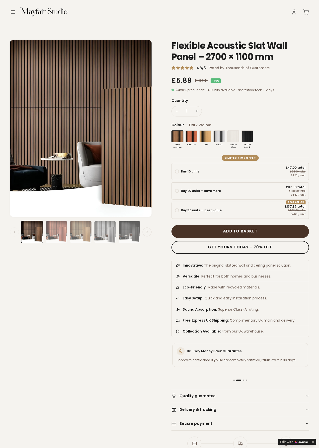 Wallcrafts flexible-panel page showing the alternate comparison price and 10, 20 and 30-unit bundle totals