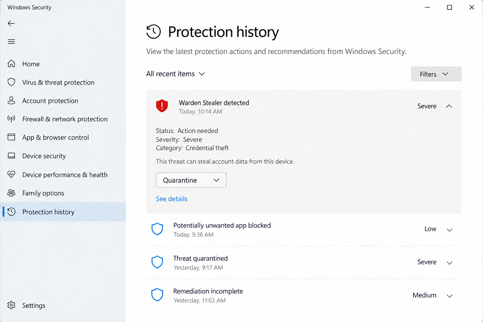 Warden Stealer Removal Guide: Stolen Logins, AI Tokens, and Crypto Risks 1 Illustrative Windows Security interface showing a Warden Stealer detection