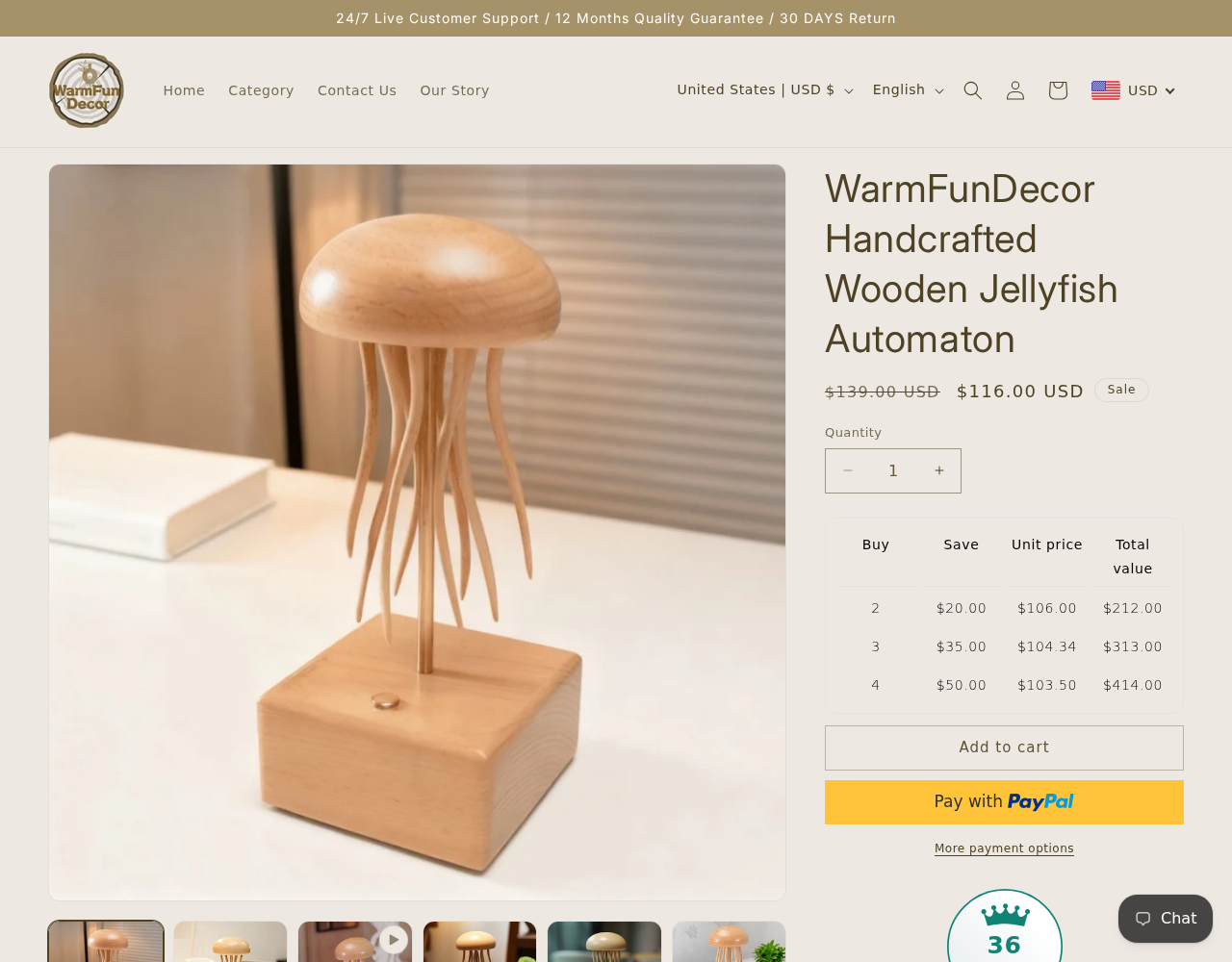 WarmFunDecor wooden jellyfish automaton product page with the moving sculpture offer and purchase details