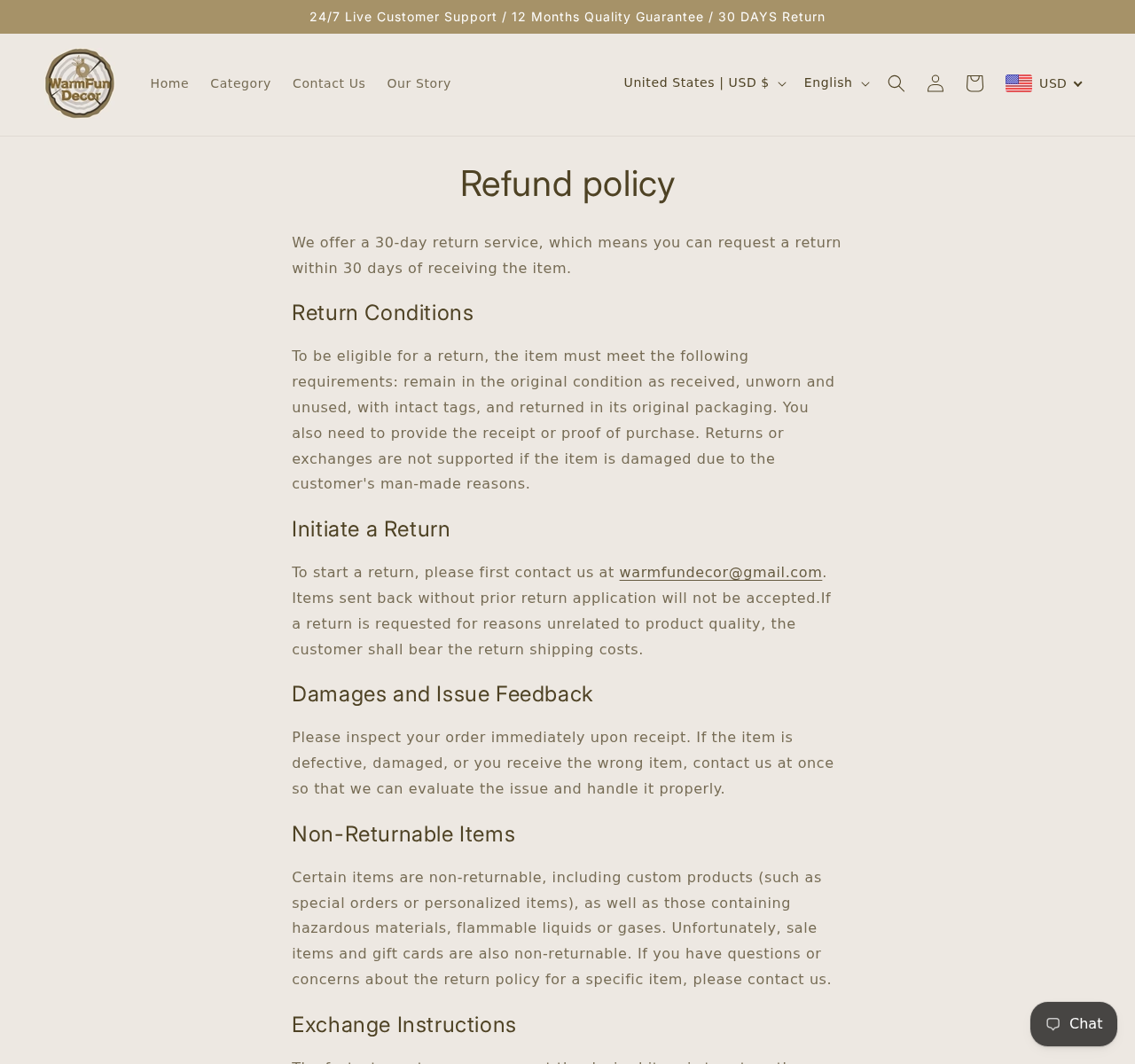 WarmFunDecor refund policy showing return requirements and the exclusion for sale items and personalized products
