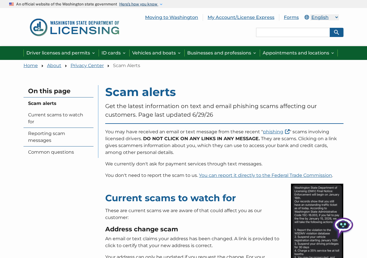 Original Washington Department of Licensing scam-alert page explaining fake text payment demands