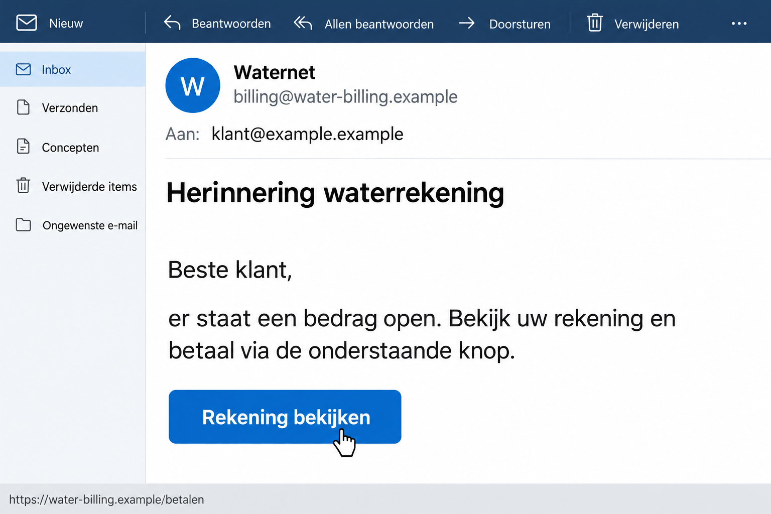 Illustrative Waternet impersonation email with a bill button and fictional sender address