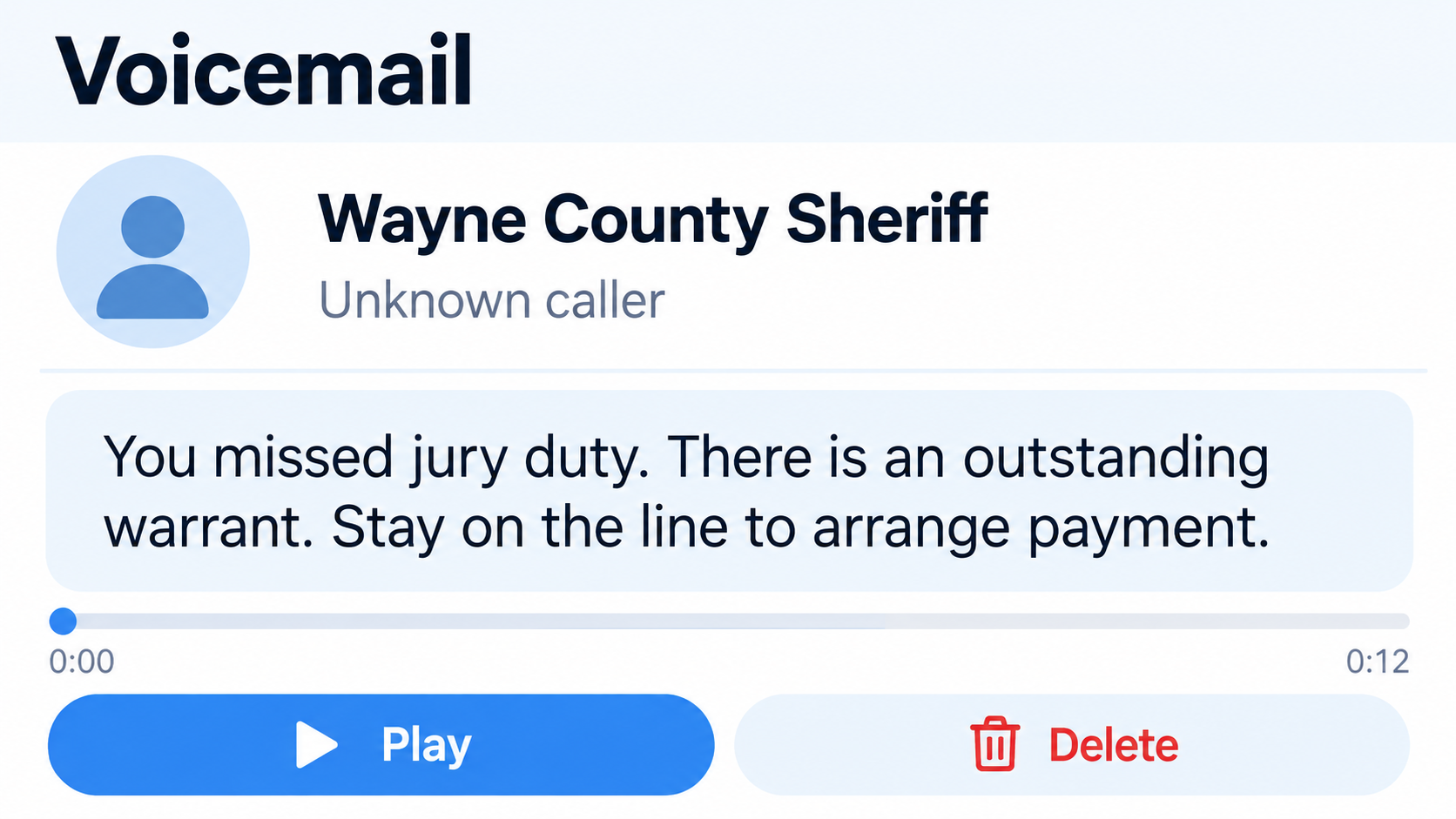 Illustrative voicemail interface showing a fake Wayne County sheriff caller threatening a warrant over jury duty