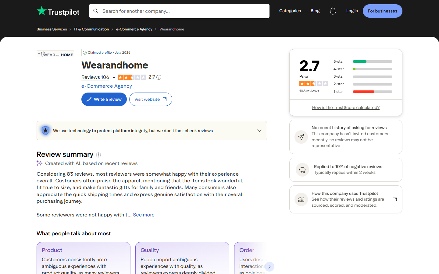 WearAndHome Review: Store Ratings Clash With Buyer Complaints and Terms 2 Trustpilot page for WearAndHome showing a 2.7 rating and a mixed distribution of public customer reviews