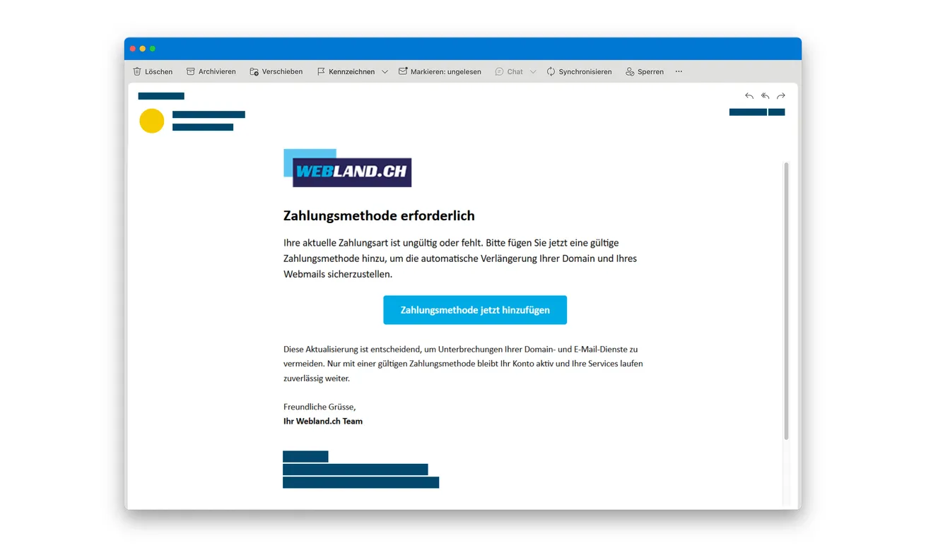 Webland Payment Update Email Scam: The Warning That Targets Your Account 1 Original fake Webland email demanding a new payment method to avoid service disruption
