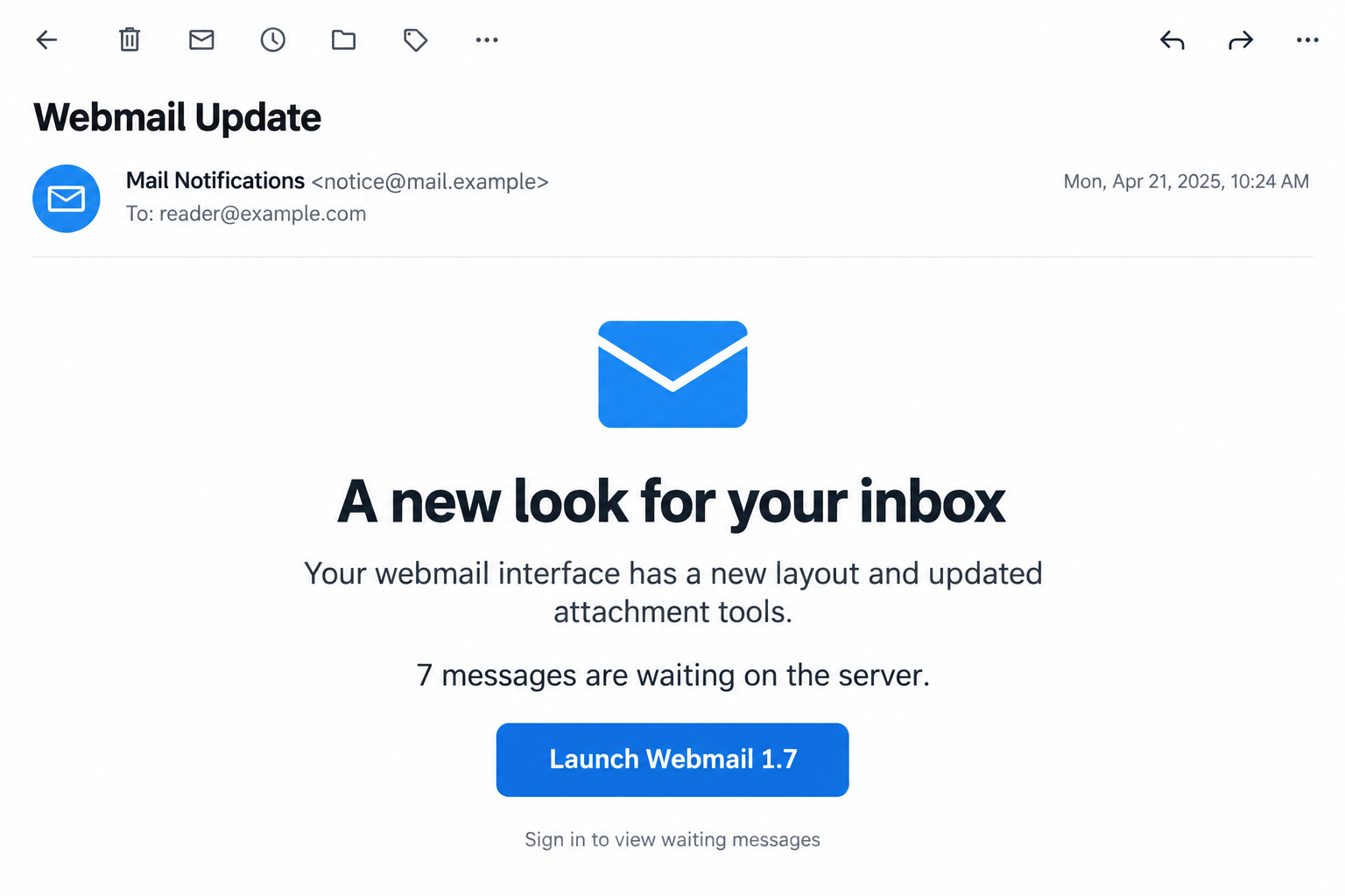 Fictional Webmail Update email illustrating a Launch Webmail 1.7 button and seven supposedly pending messages