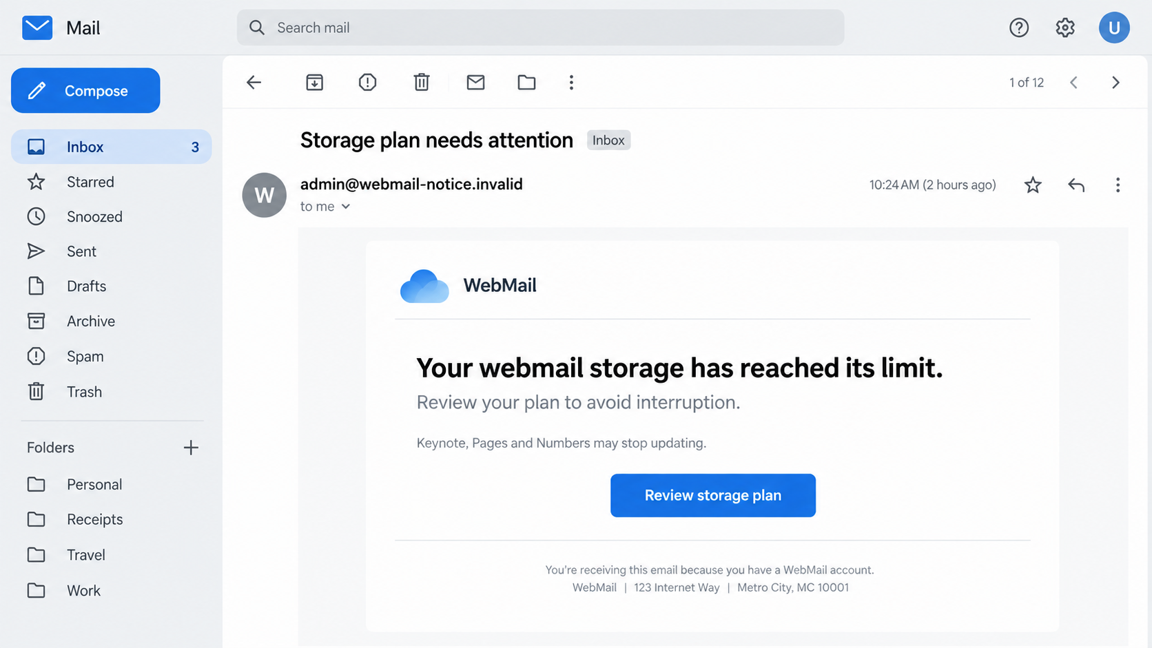 Webmail Storage Plan Email Scam: Fake Deletion Warning and Google Login 1 Illustration of a fake webmail storage email with an upgrade button