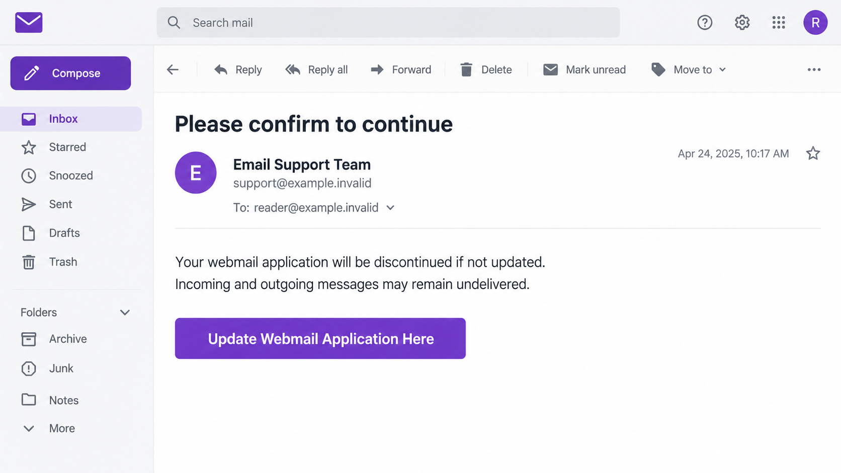 Illustrative webmail discontinuation notice asking for an application update through an email button