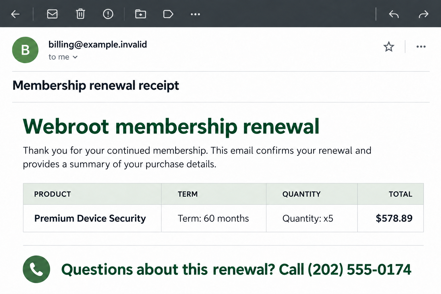 Webroot 820-465-3380 Email Scam: A Fake $578.89 Renewal and Refund Trap 1 Illustrative Webroot renewal email showing a $578.89 total and a fictional refund callback number