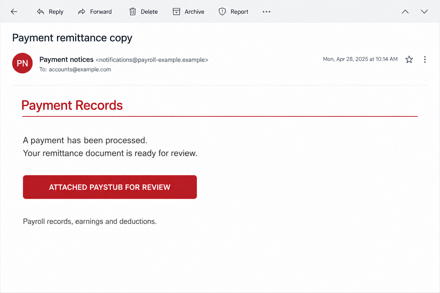 Wells Fargo Payment Remittance Copy Email Scam: Fake Paystub Link Exposed 1 Illustrative email reading pane with a payment remittance notice and an attached paystub review button