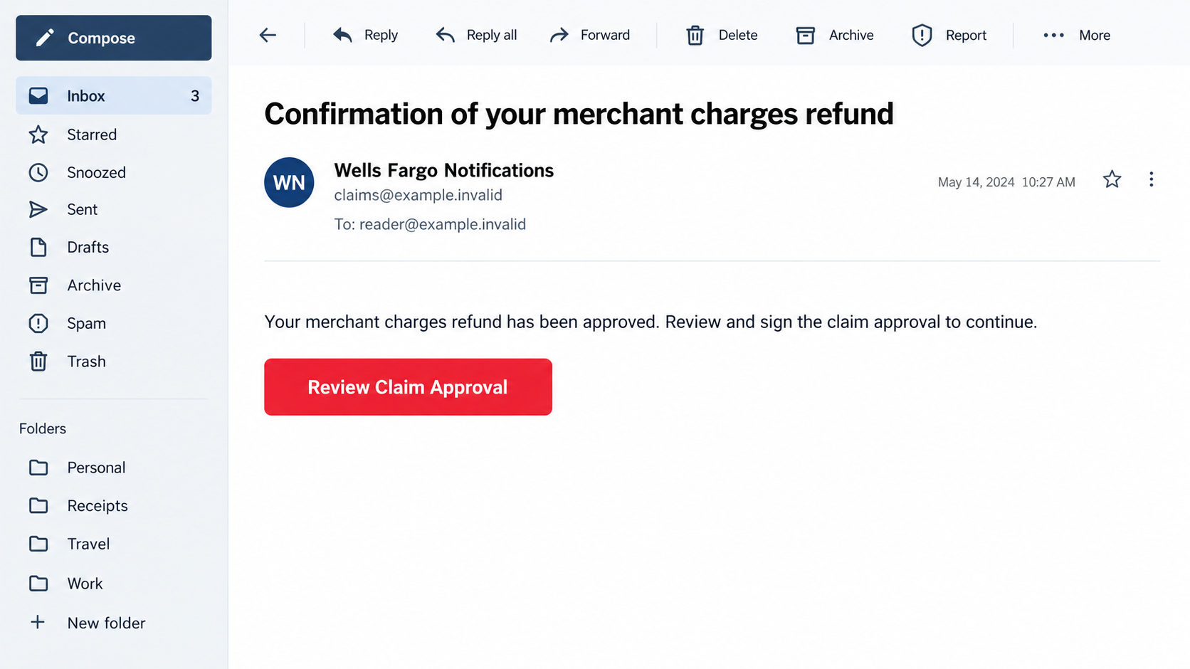 Illustrative Wells Fargo merchant charges refund email with a Review Claim Approval button and fictional sender