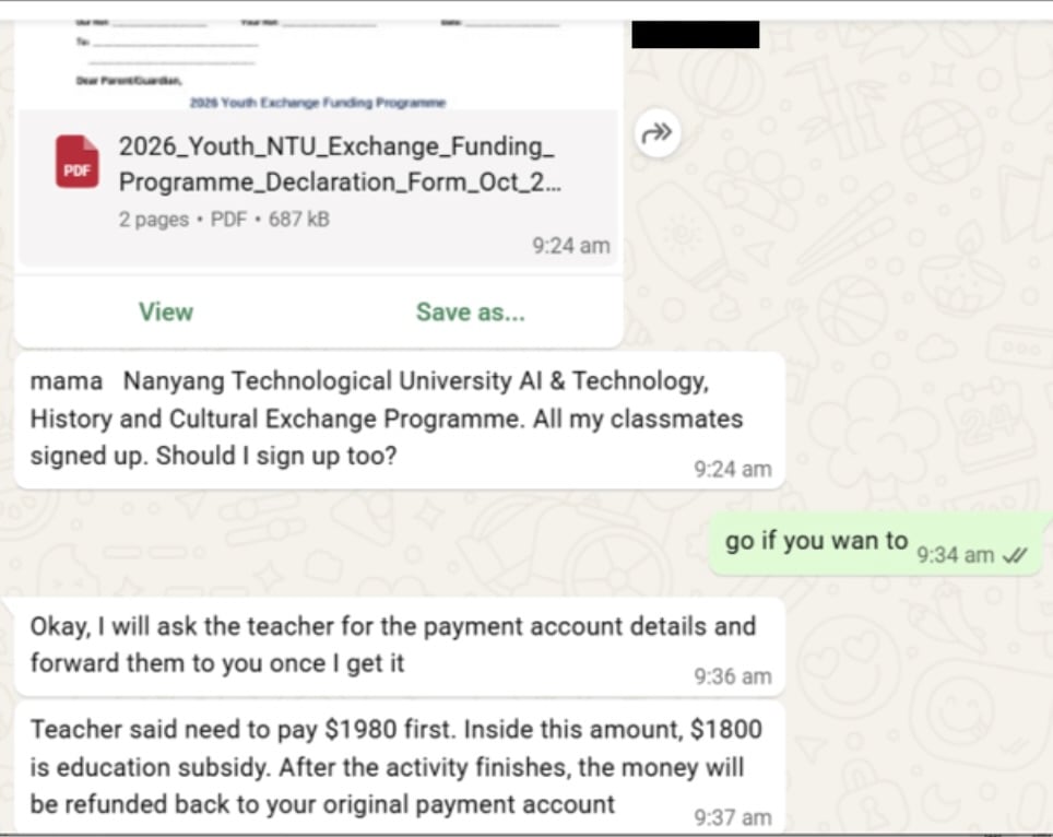Original WhatsApp youth exchange scam conversation showing a false NTU form and a S$1980 payment with a promised subsidy refund