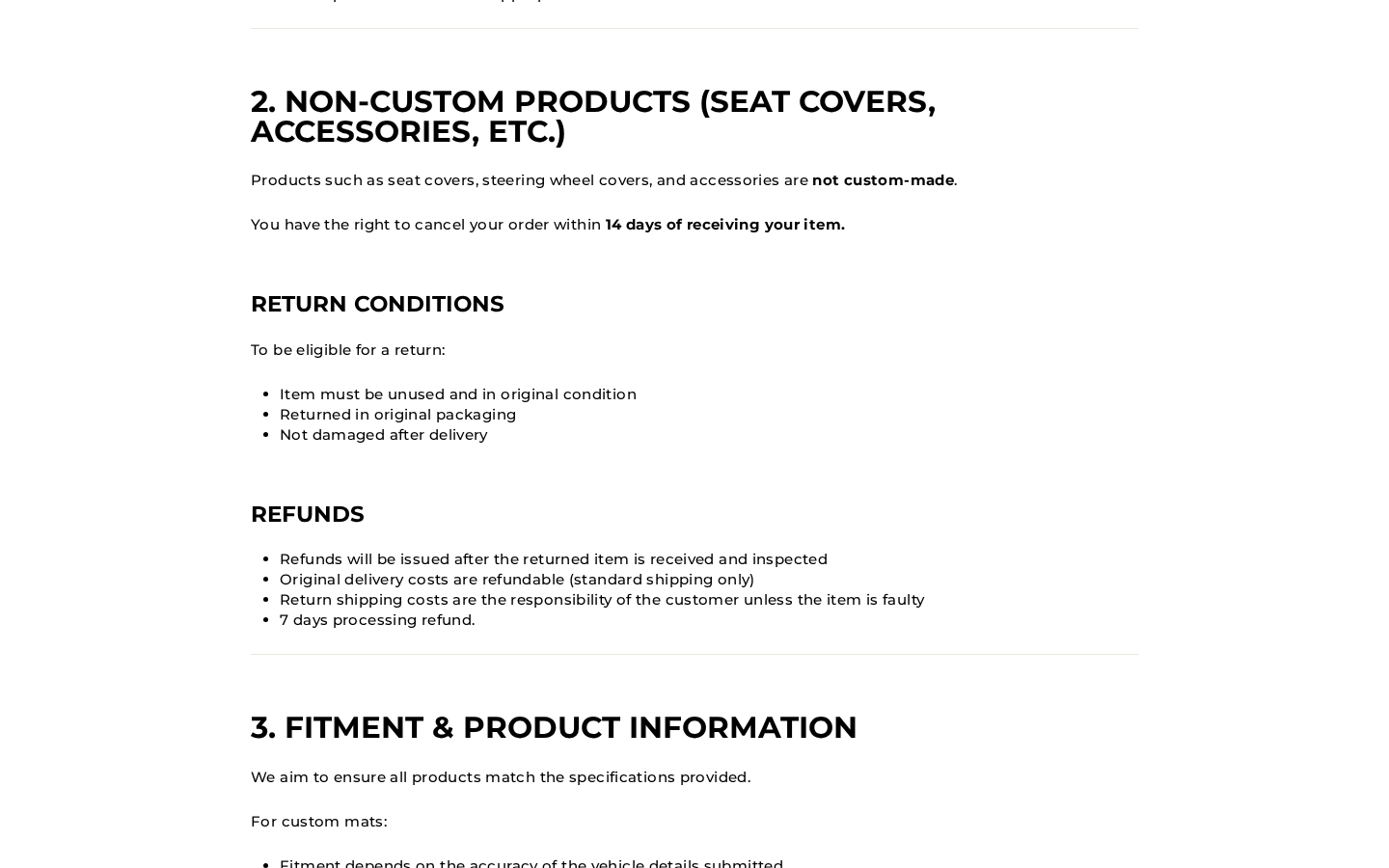 WhipMats policy giving non-custom products a 14-day cancellation period