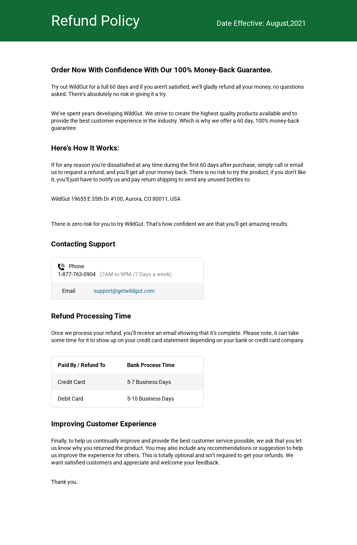 WildGut refund policy stating a 60 day period after purchase and customer-paid return postage