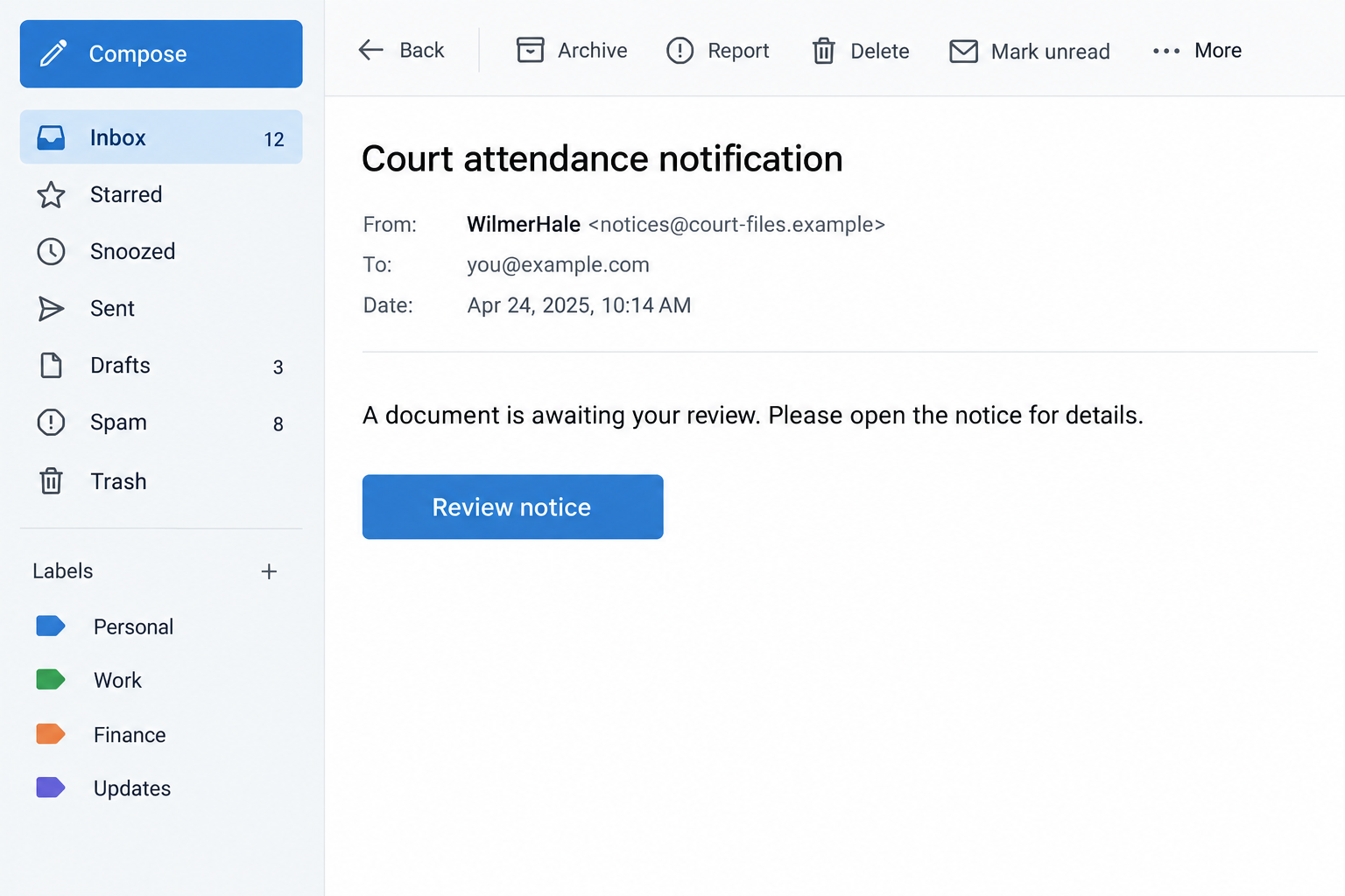 Illustrative reconstruction of a fake court email impersonating WilmerHale