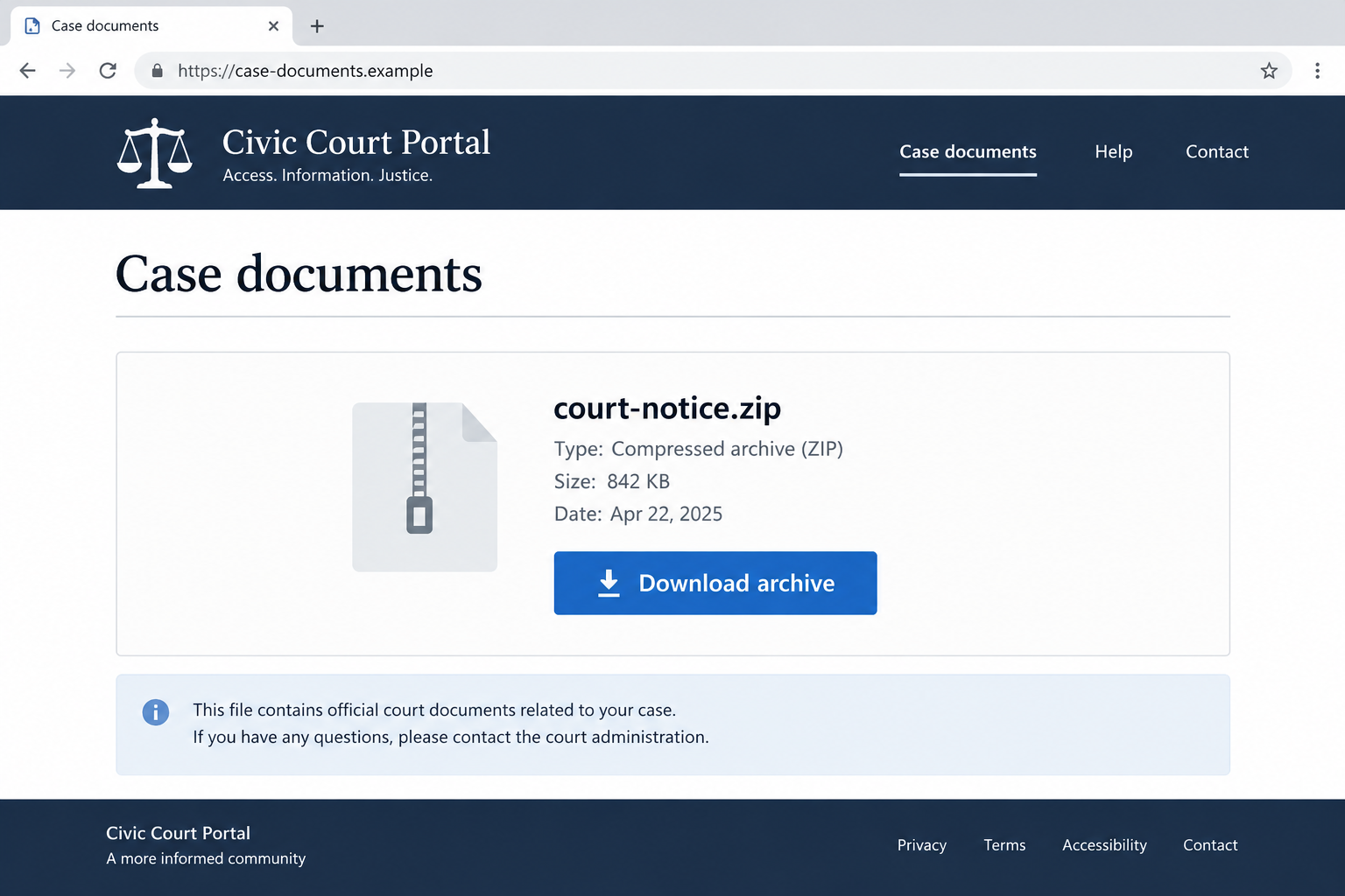 Illustrative reconstruction of a fictional court document download page