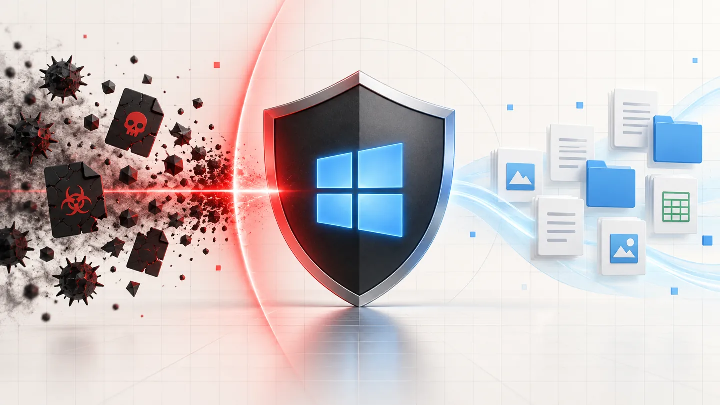 Illustration of a Windows security scan separating malicious files from protected personal documents