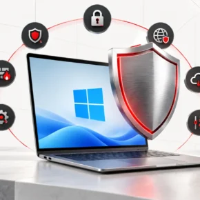 Illustration of a Windows 11 computer with a security shield and a sequence of malware checks