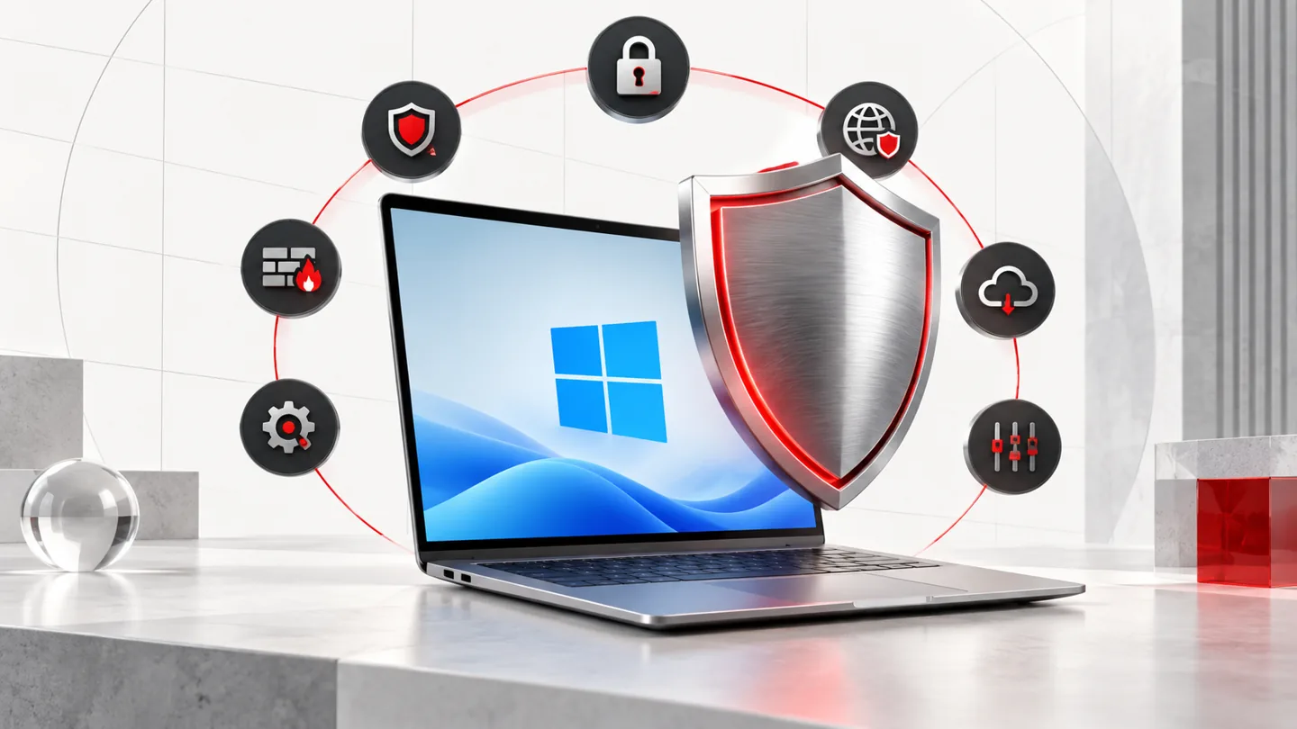 Illustration of a Windows 11 computer with a security shield and a sequence of malware checks
