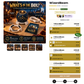WizardBeam projector listing with bundle prices, extras and promotional claims