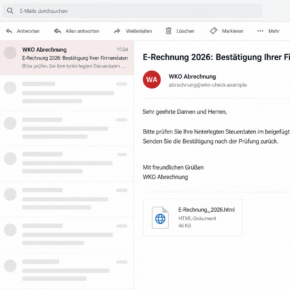 Illustrative fake WKO company-data confirmation email with an HTML attachment
