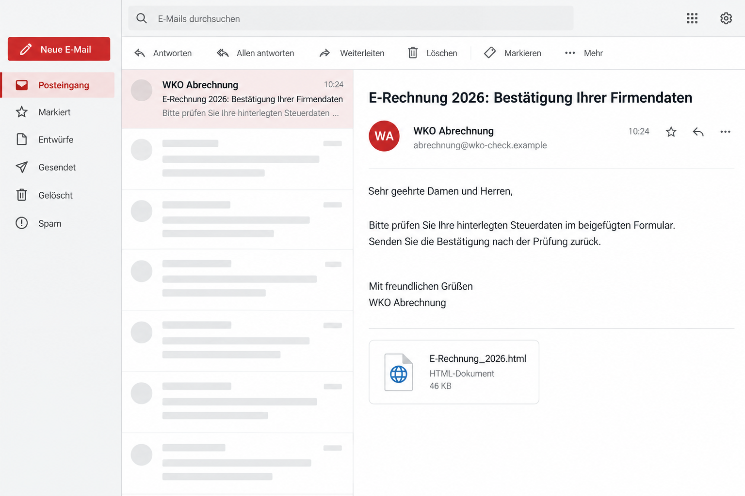 Illustrative fake WKO company-data confirmation email with an HTML attachment