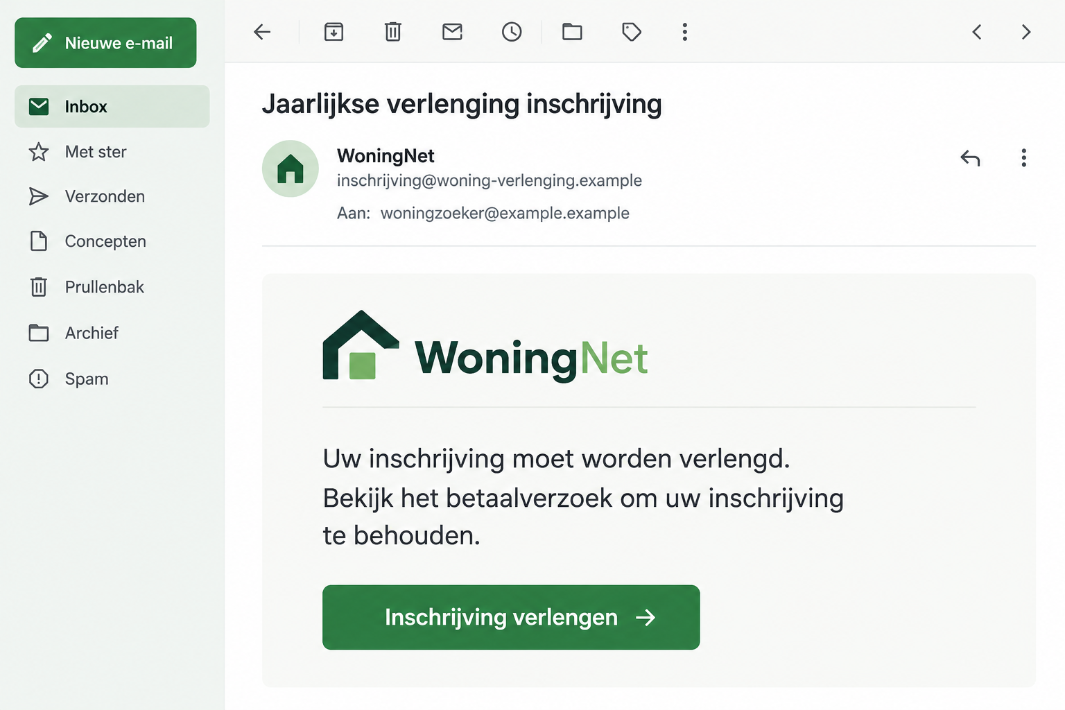 Generated WoningNet renewal-fee phishing email with fictional contact details and a sample payment button