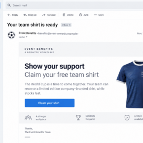 Illustrative reconstruction of a personalized World Cup company T-shirt email, not an actual attack screenshot