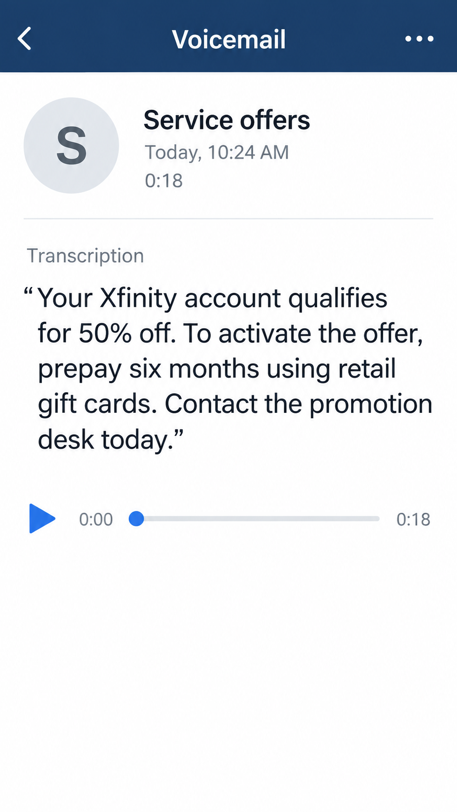 Illustrative fictional voicemail transcript offering an Xfinity discount in exchange for advance retail gift card payment