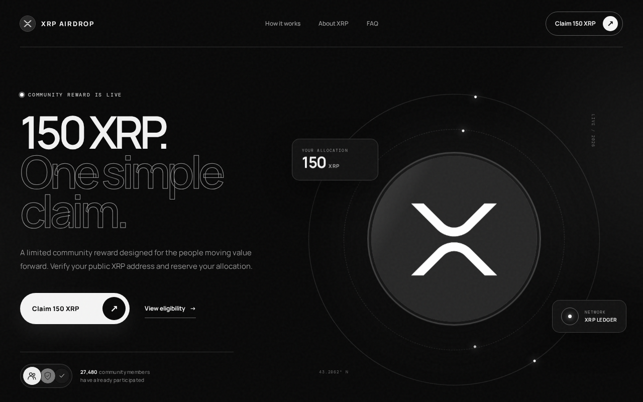 Original stack-deckcoin.com capture advertising a 150 XRP allocation and an XRP Ledger community reward