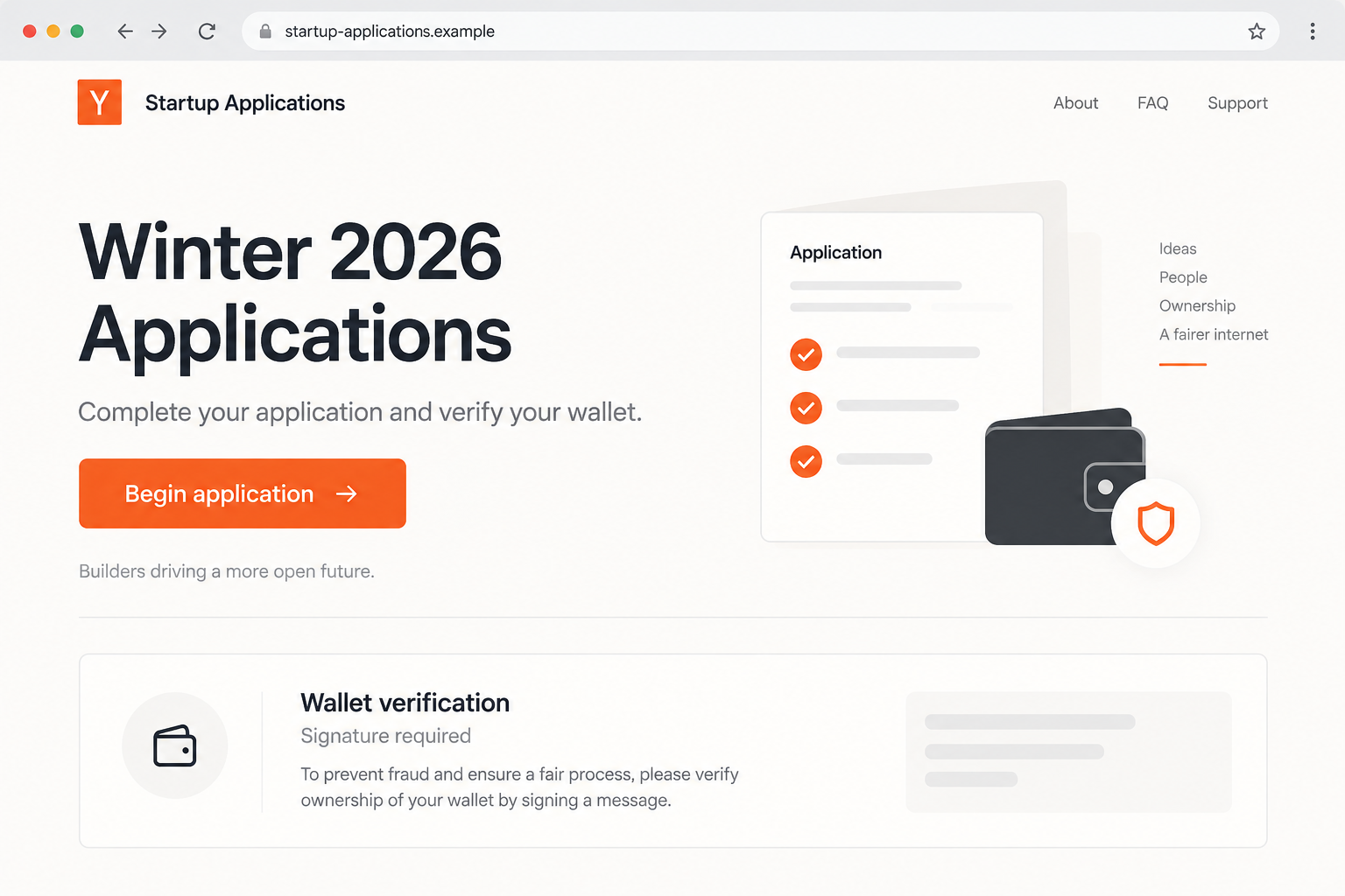 Illustrative fake startup application page using a fictional domain and wallet verification prompt