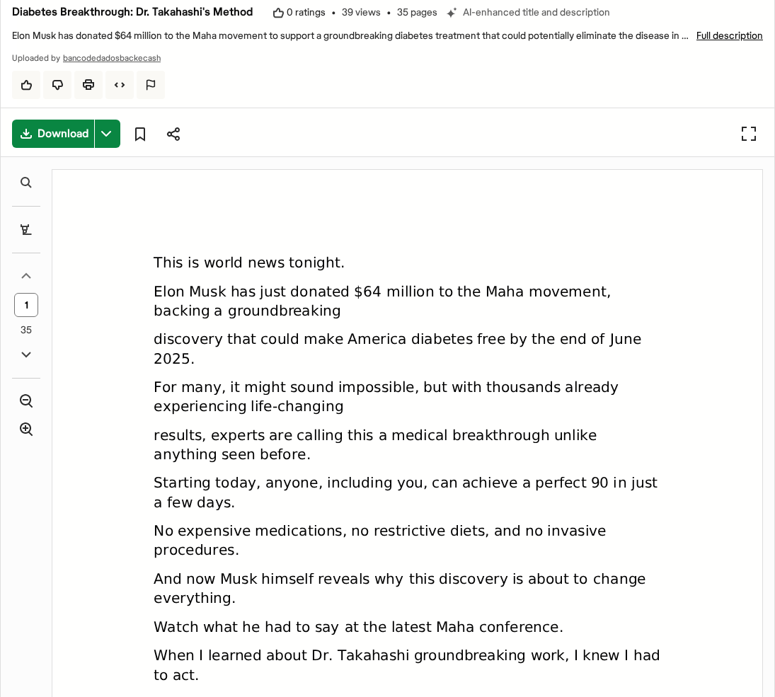 Transcript of the Dr. Yumi Takahashi diabetes video opening with a World News Tonight segment and a claimed Elon Musk donation