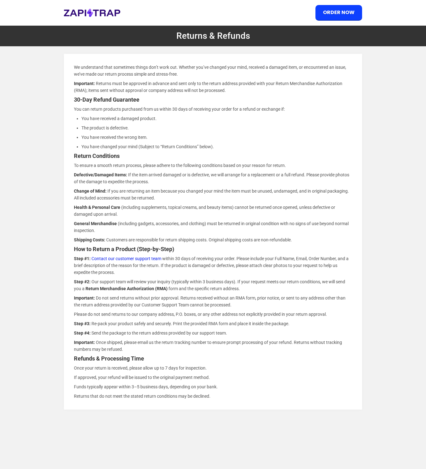 ZapiTrap return policy showing unused-condition requirements, buyer-paid return postage and advance return authorization
