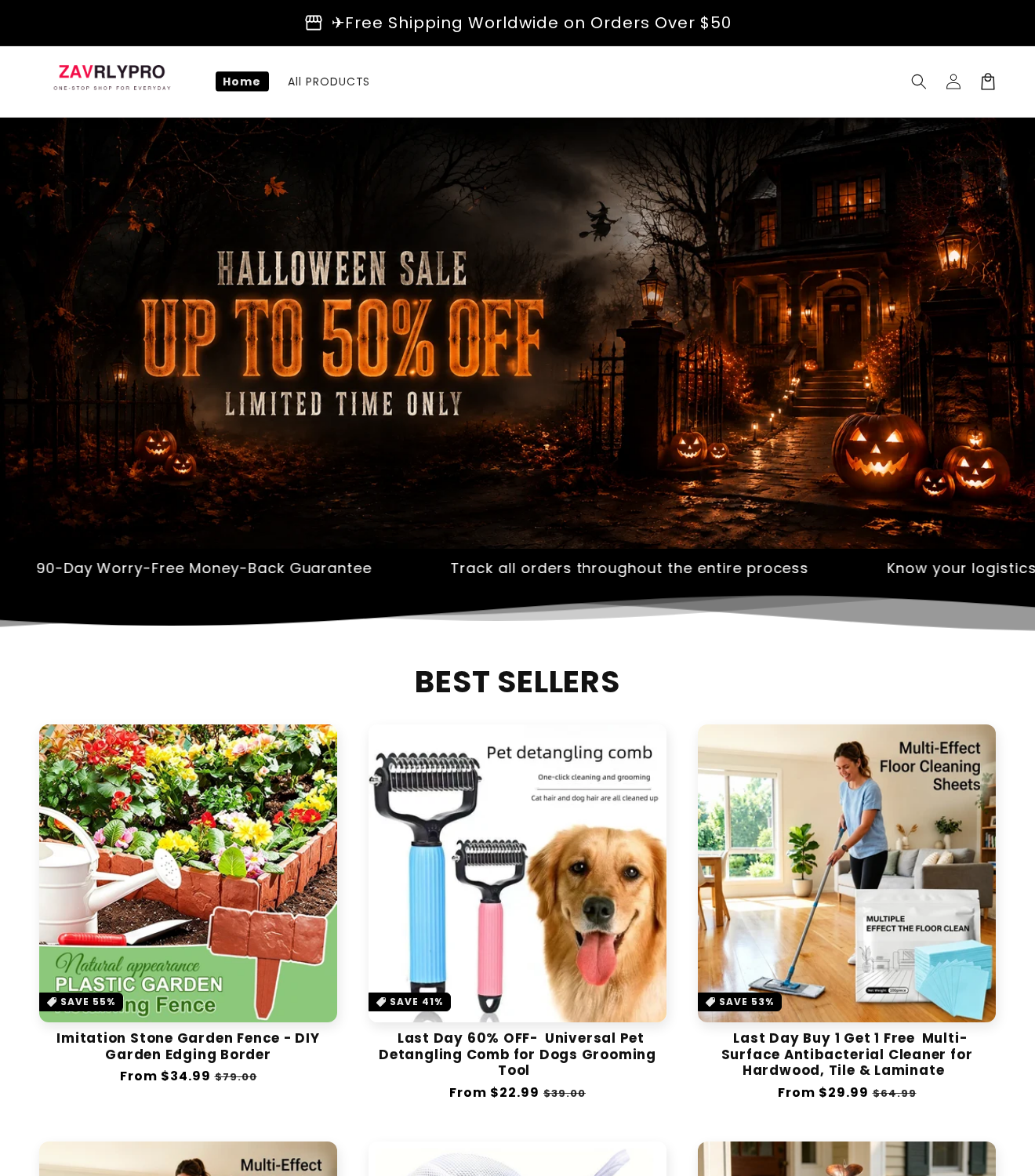 Zavrlypro storefront advertising a Halloween sale, household products and a 90-day worry-free money-back guarantee