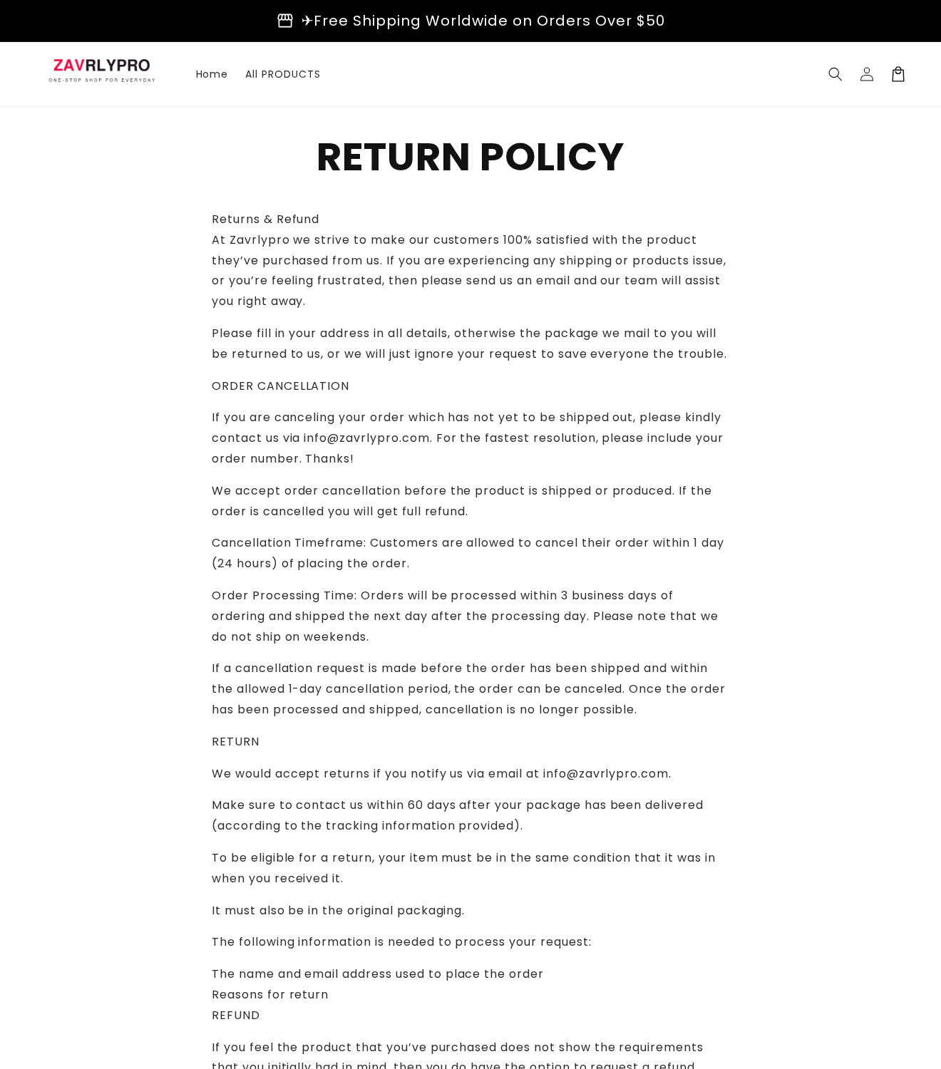 Zavrlypro return policy showing its 24-hour cancellation rule and 60-day contact requirement