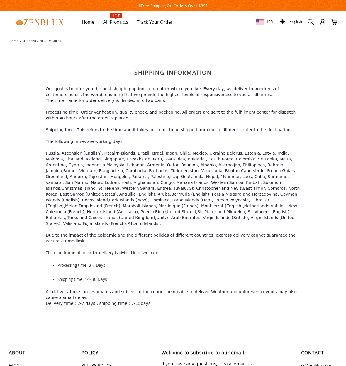 Zenblux Review: Conflicting Shipping Times, Return Costs and Buyer Risks 2 Zenblux shipping page with different processing and delivery estimates and a lengthy list of destination exceptions