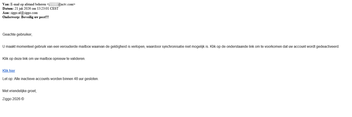 Original Ziggo phishing email falsely warning that inactive mailboxes will close within 48 hours unless validated