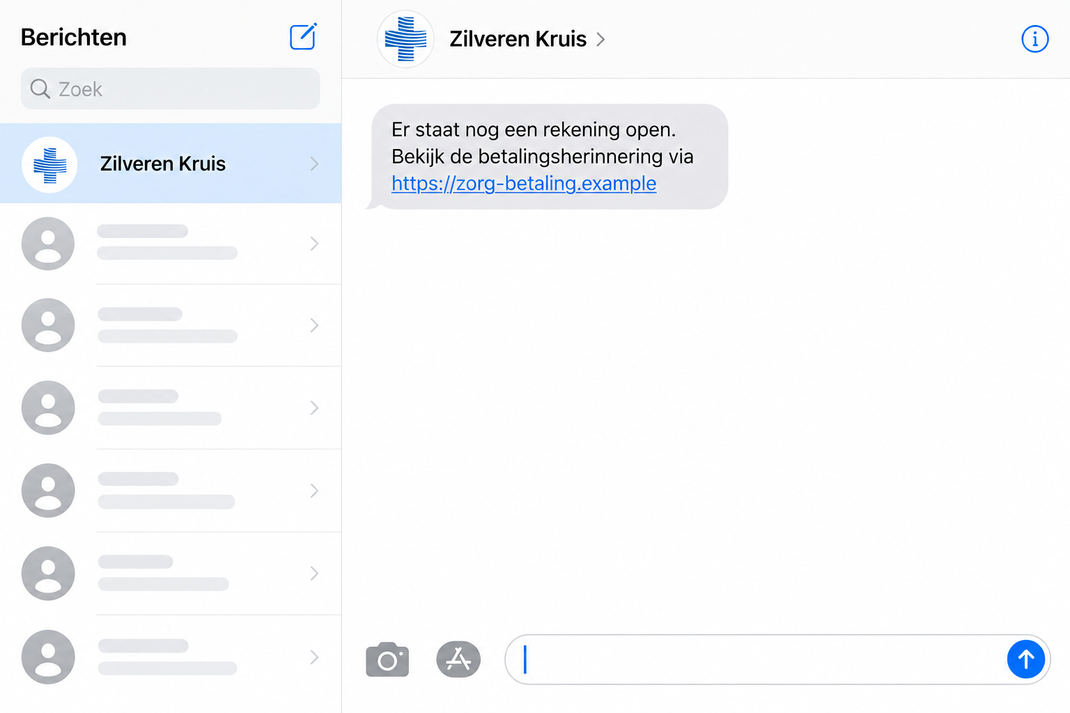 Generated Zilveren Kruis payment-reminder text in a desktop messaging interface with fictional link