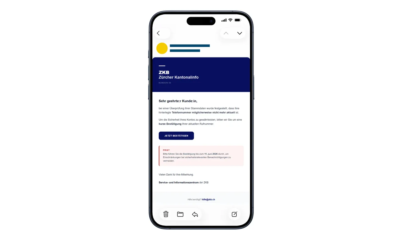 Fake ZKB email asking recipients to confirm their phone number for account security