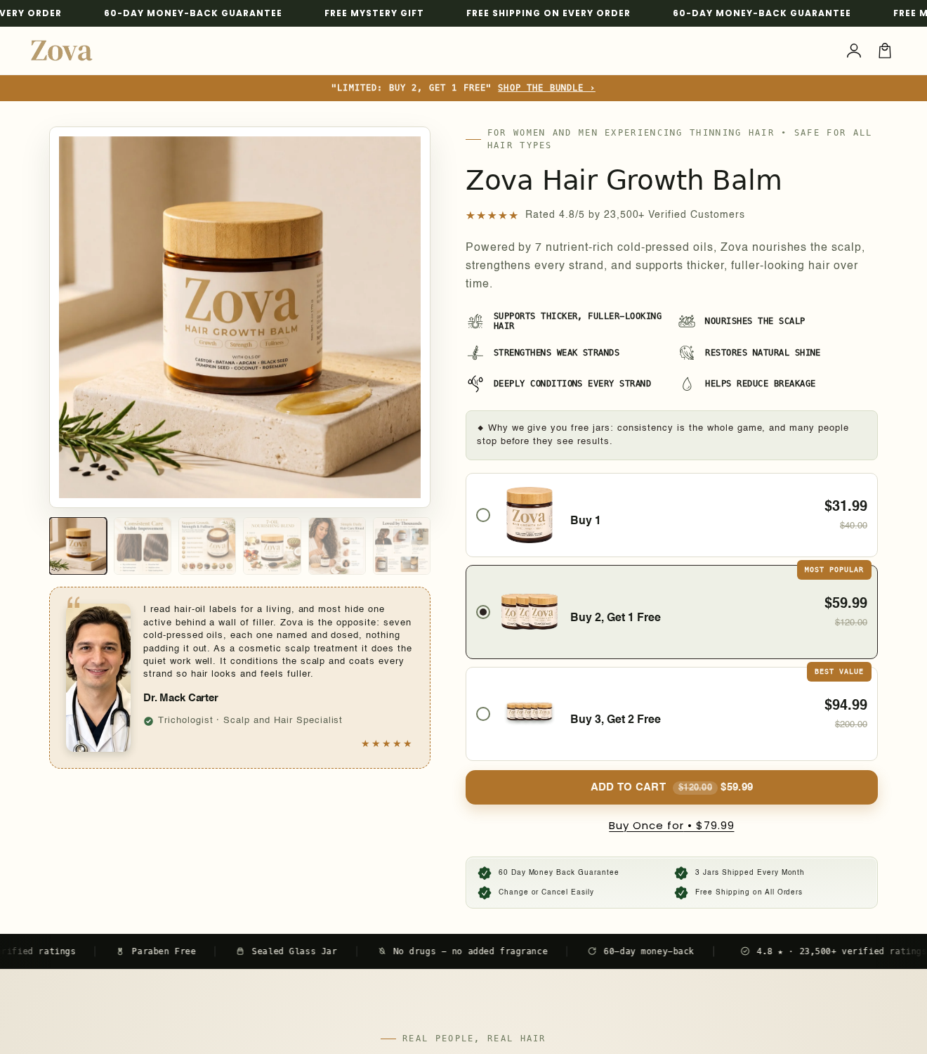 Zova Hair Growth Balm: Scam or Legit? Monthly Orders and Refunds Examined 1 Zova Hair Growth Balm offer showing the selected bundle, monthly shipping and one-time purchase alternative
