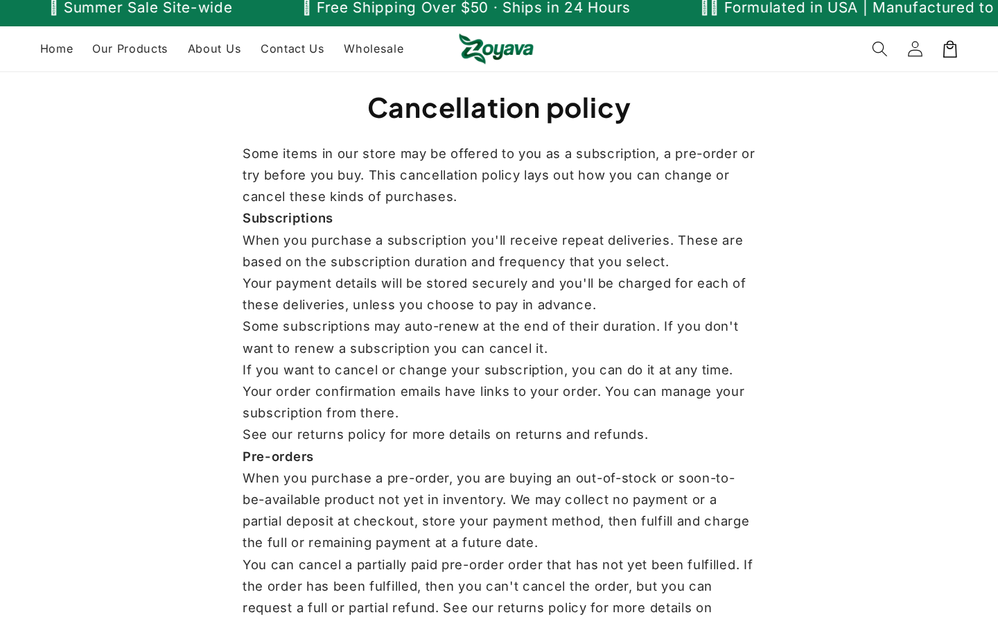 Zoyava Dynamic Vitality Reviews: Refills, Labels and Refund Terms Checked 2 Zoyava cancellation policy describing repeat deliveries and subscription management