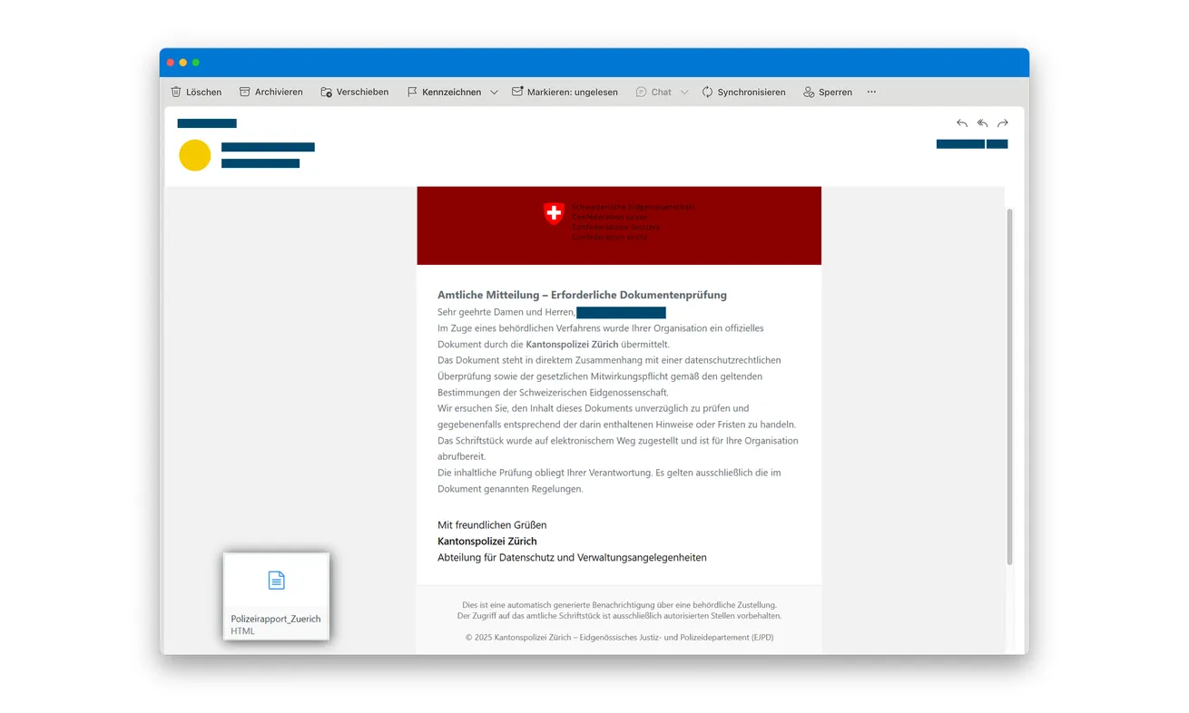 Zurich Police HTML Email Scam: The Official Document That Steals Logins 1 Fake Zurich police document email showing a supposed police report supplied as an HTML attachment
