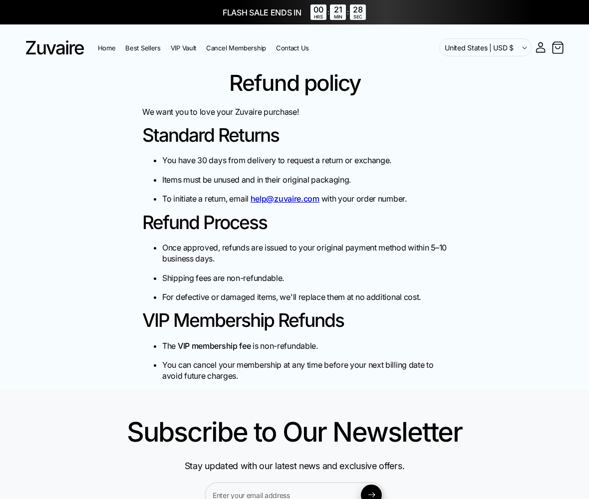Zuvaire Review: $29.99 Monthly VIP Billing, Auto Access and Refund Risks 2 Zuvaire refund policy separating ordinary product returns from non-refundable VIP membership fees